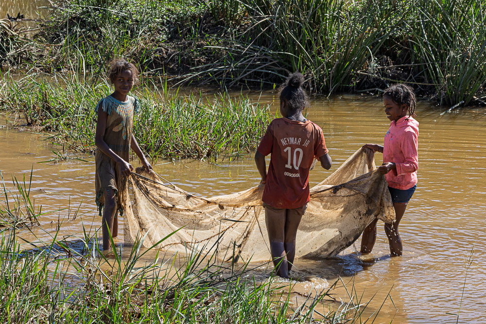 Enfants pêchant au filet dans la rivière